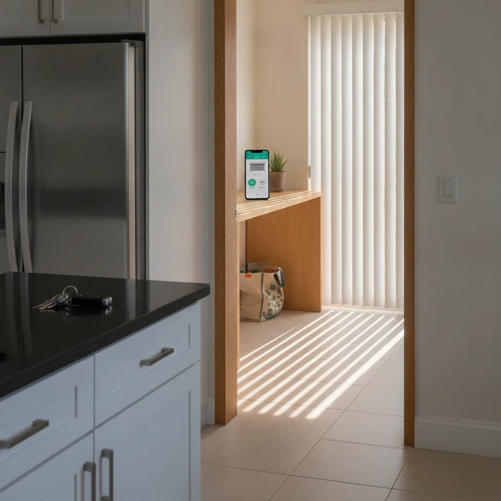 Smart Garage Door Opener Installation in Hallandale Beach | On Time Garage Door Repair 3 Smartphone with garage control app on kitchen counter in Hallandale Beach home