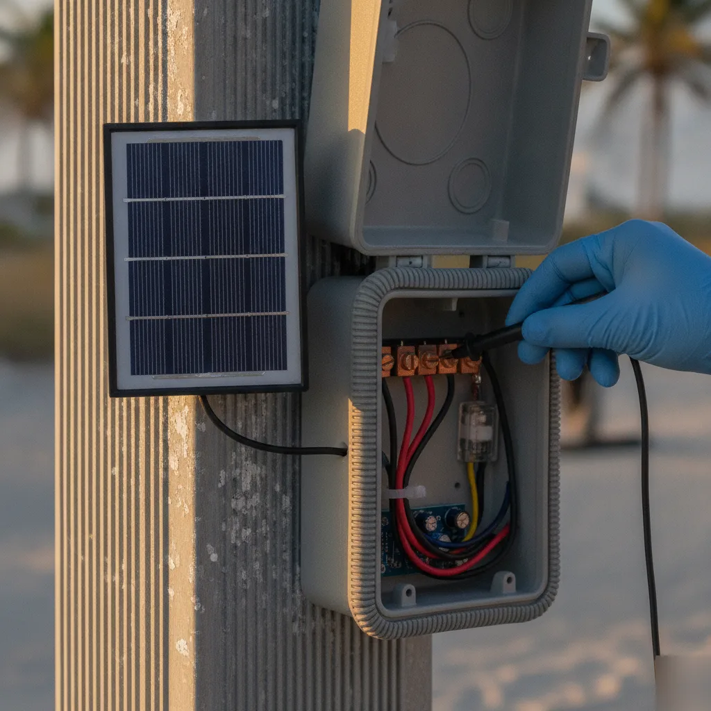 Technician testing solar gate opener battery wiring on coastal gate post