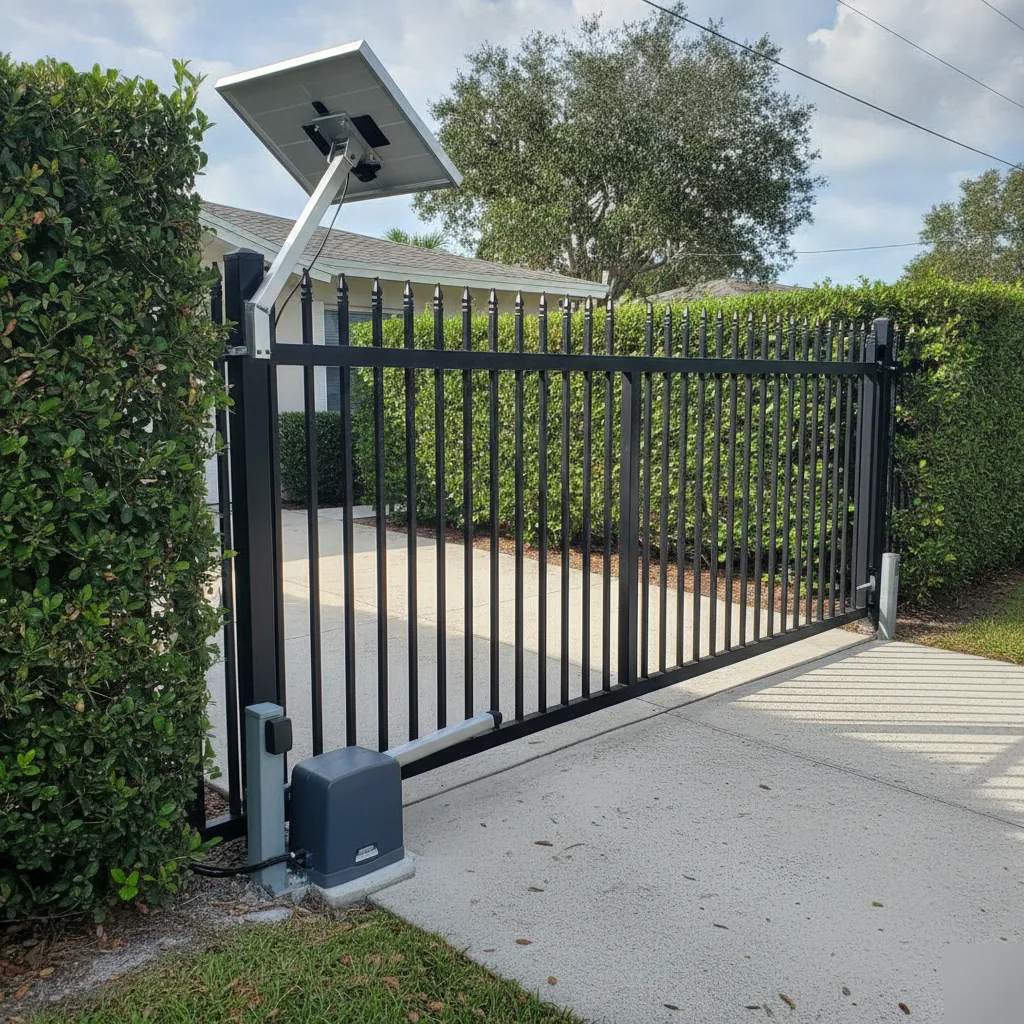 Finished solar gate opener on black aluminum gate at Hallandale Beach home