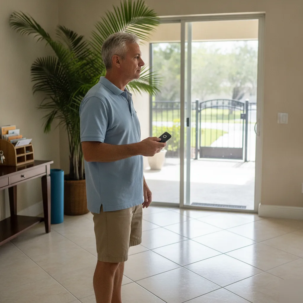 Homeowner using remote for solar gate opener from living room in Hallandale Beach