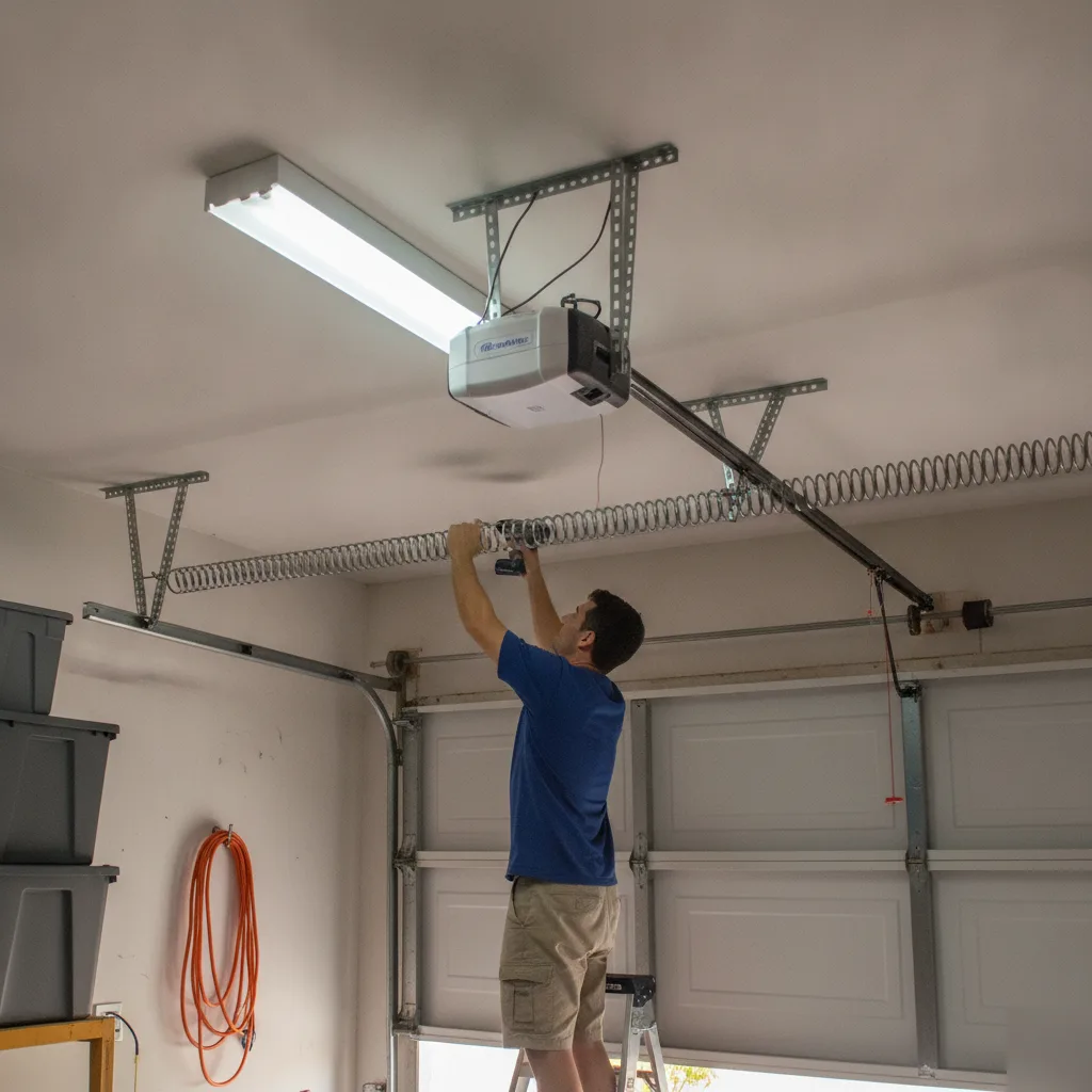 wifi-garage-door-opener-installation-ceiling-mount-hallandale-beach Technician installing WiFi garage door opener in Hallandale Beach garage ceiling