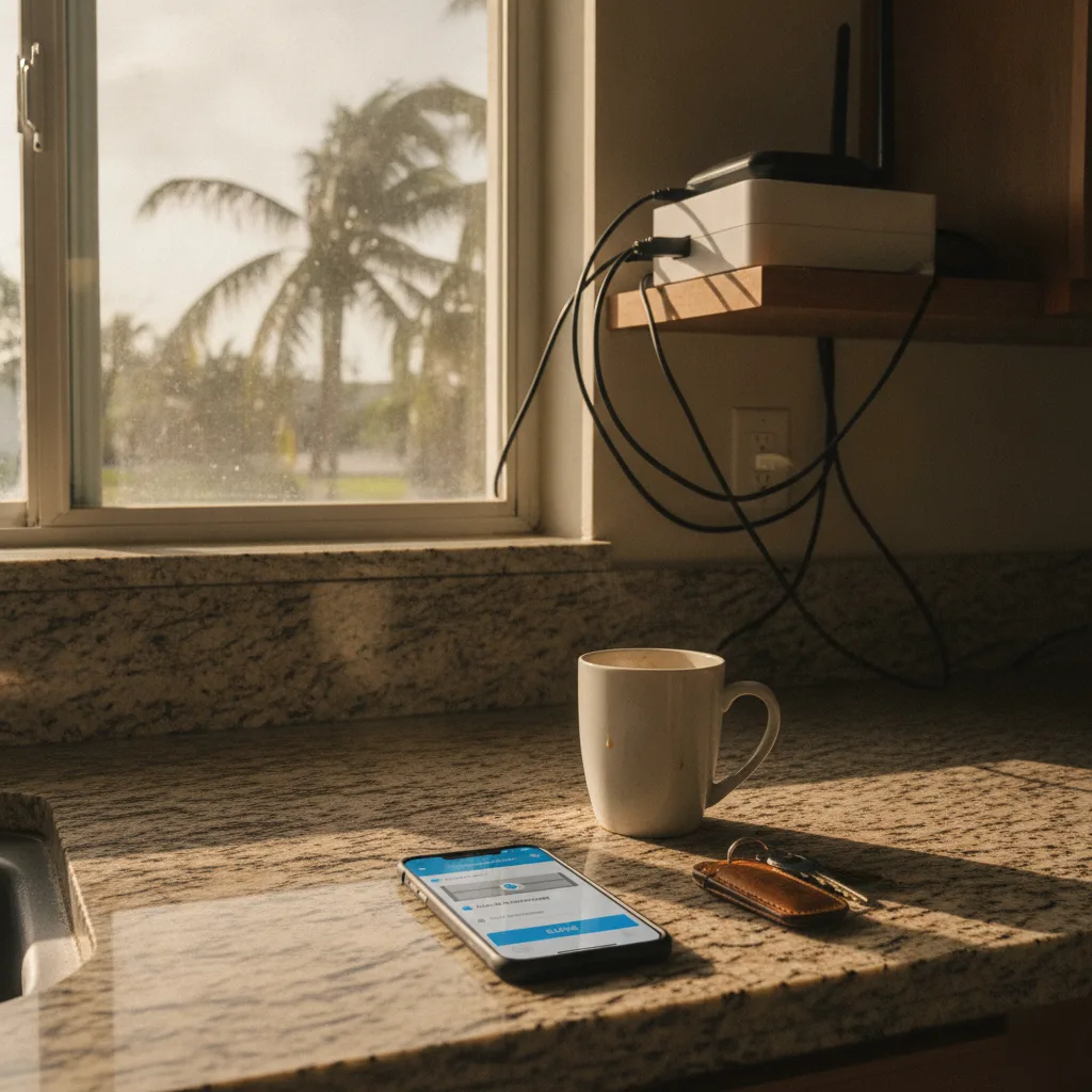 hurricane-season-remote-garage-access-kitchen-hallandale-beach Smartphone controlling garage door app on kitchen counter in Hallandale Beach home