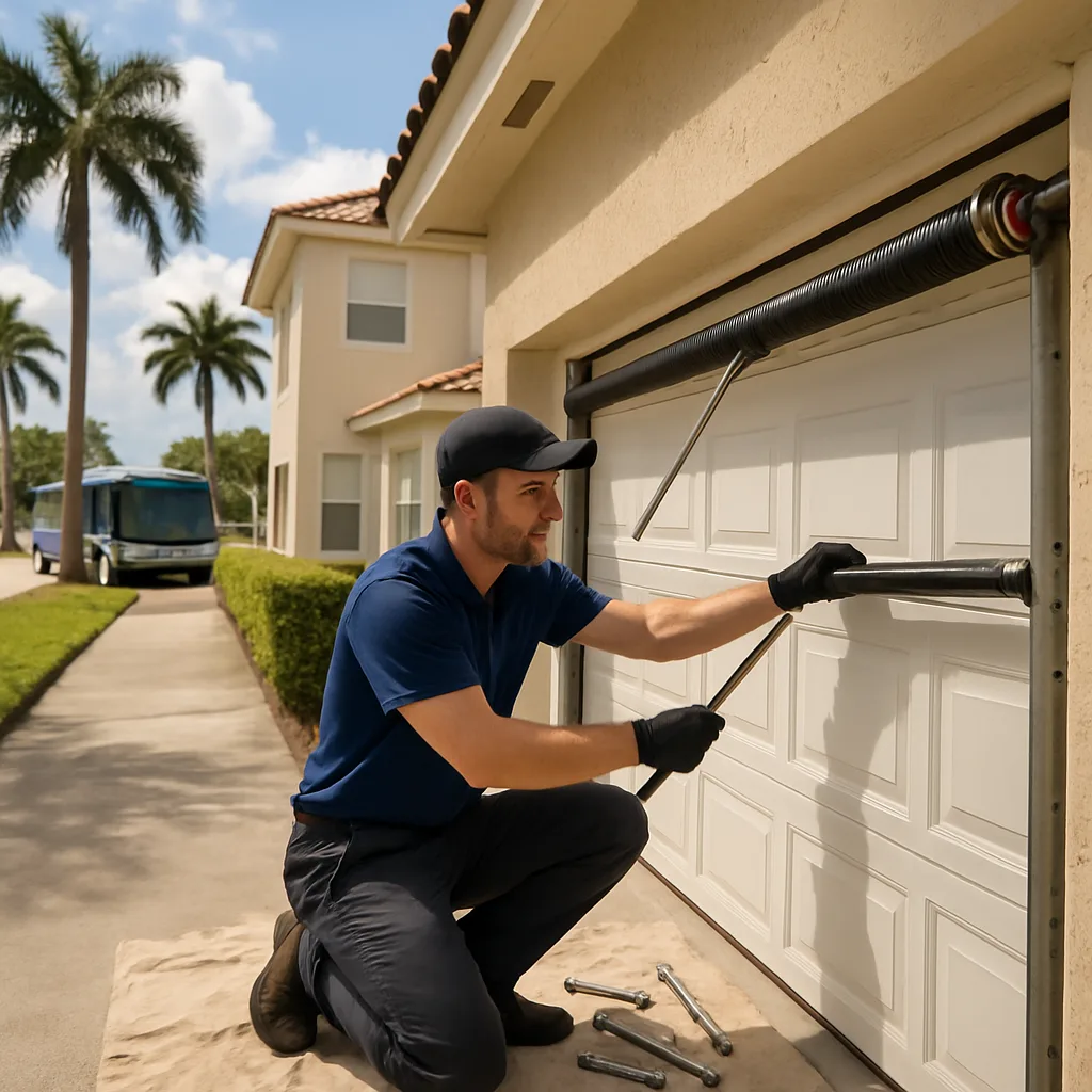 Technician repairing garage door torsion spring near Aventura Mall Bus Terminal condo