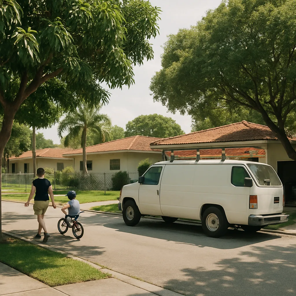 garage-door-repair-service-van-street-miami-aventura-waterways Service van on Miami street near Aventura Waterways K-8 Center during garage door repair visit