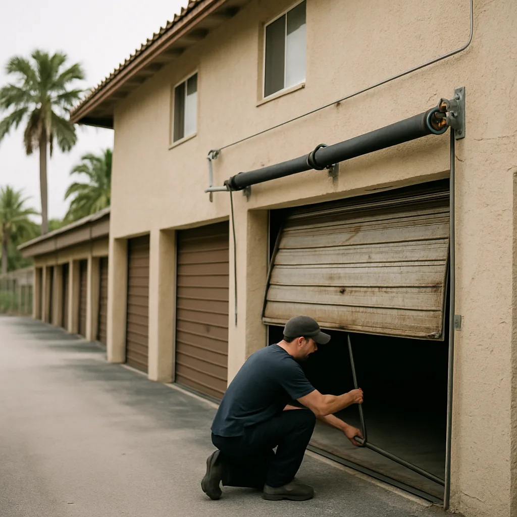 Technician repairing garage door torsion spring near Memorial Regional Hospital South Hollywood