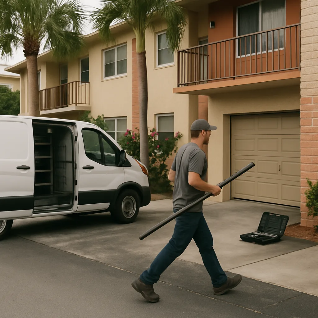 Garage door repair van parked near condos by Memorial Regional Hospital South Hollywood