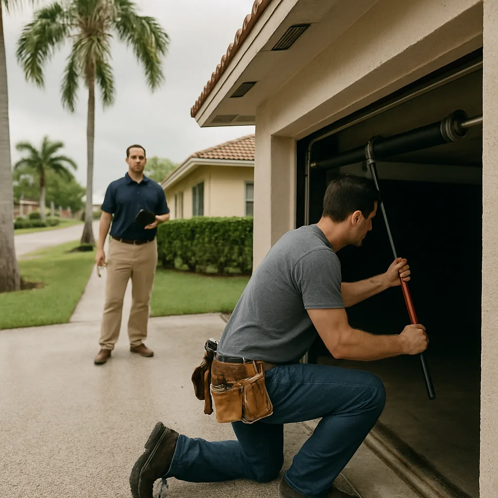 Technician repairing garage door torsion spring at rental home near Pembroke Park Preserve