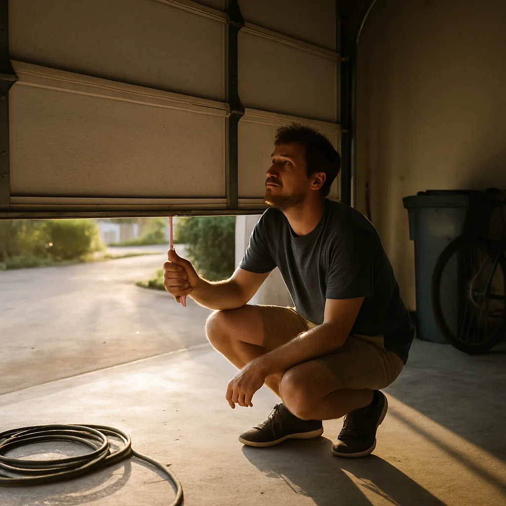 broken-torsion-spring-stuck-garage-door-hallandale-beach Homeowner inspecting stuck garage door spring problem in Hallandale Beach driveway
