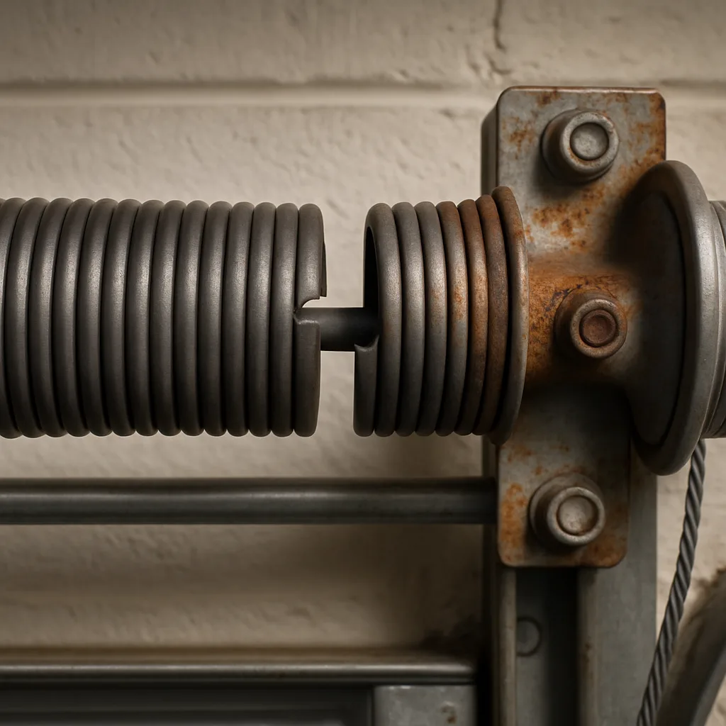 snapped-torsion-spring-rust-detail-hallandale-beach Close-up of a broken rusted garage door torsion spring in Hallandale Beach