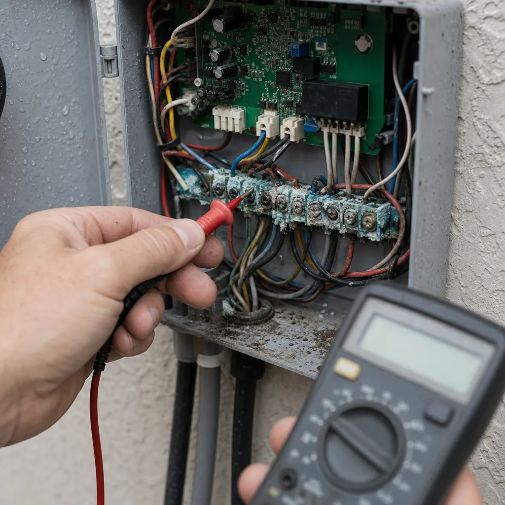 electric-gate-control-box-corrosion-wiring-hallandale-beach Corroded gate control box wiring showing electrical failure point in Hallandale Beach