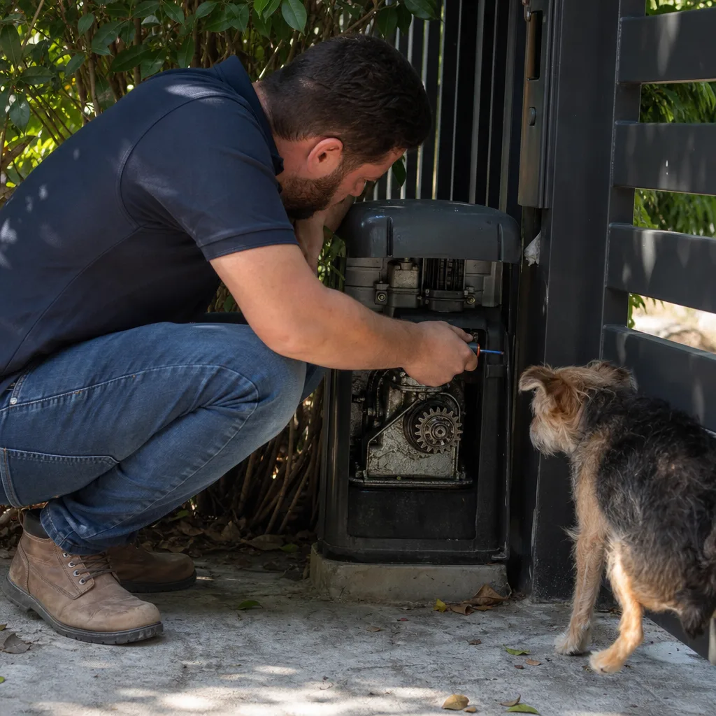 electric-gate-motor-gearbox-inspection-hallandale-beach Technician inspecting humming gate motor gearbox in Hallandale Beach backyard