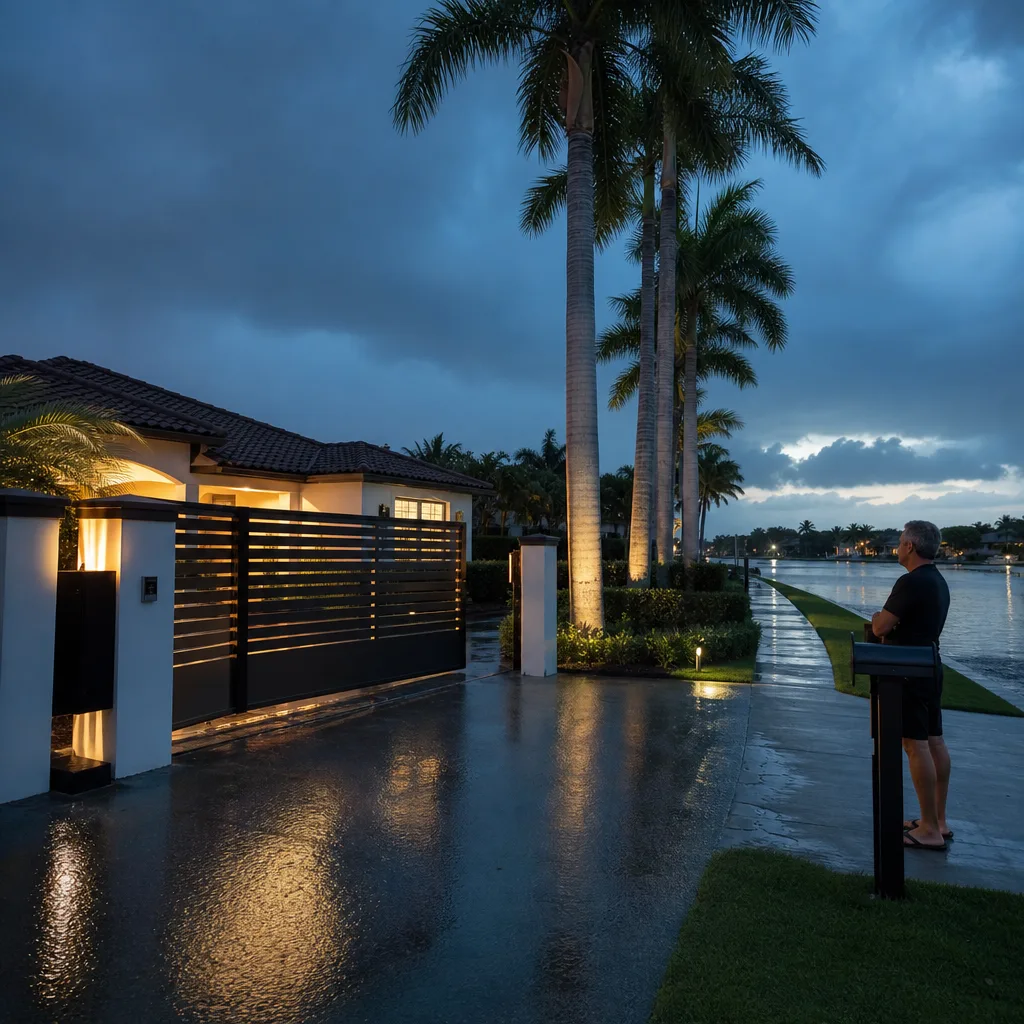 electric-gate-storm-weather-maintenance-hallandale-beach Homeowner watching electric gate close before storm in Hallandale Beach